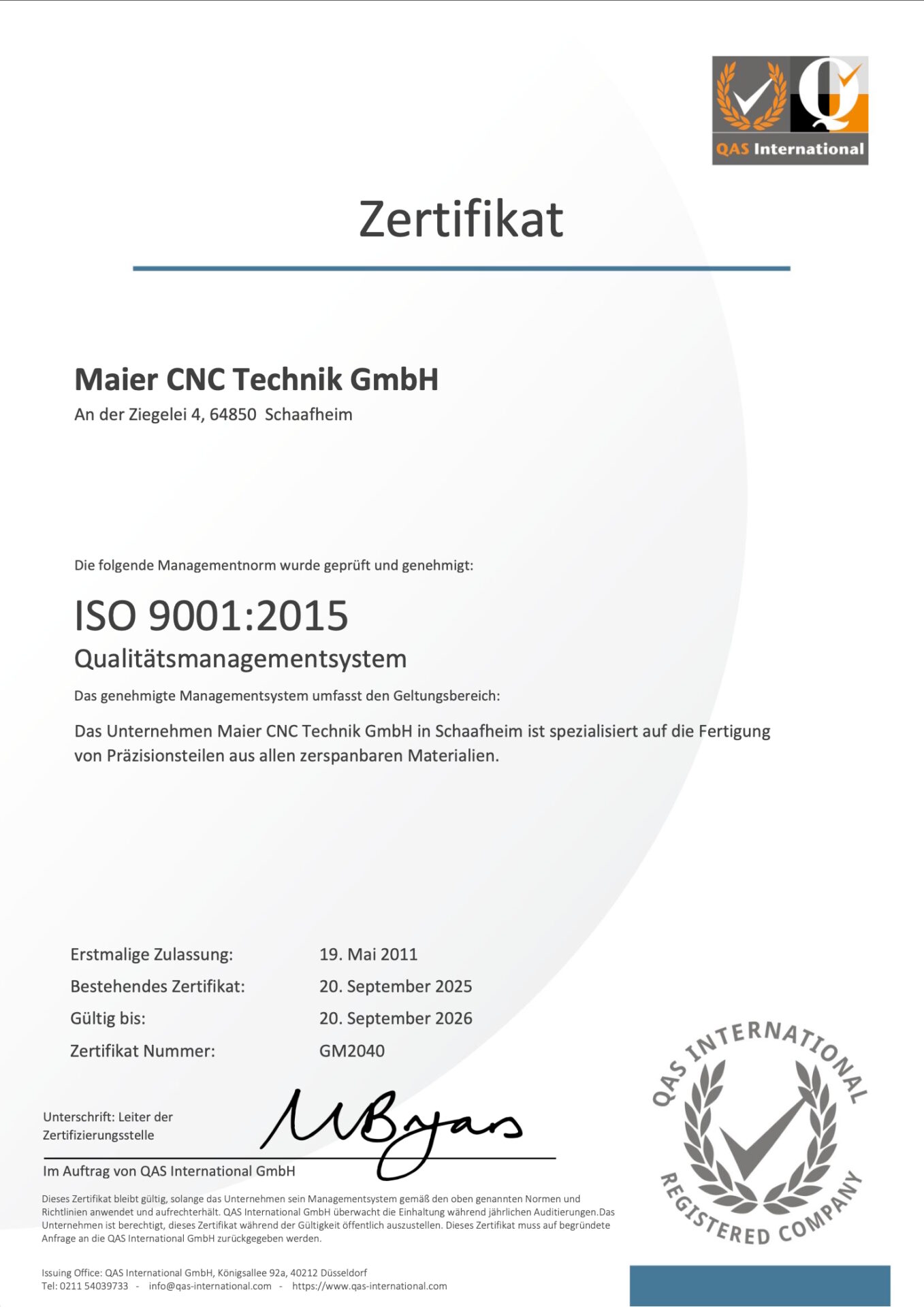 ISO 9001:2015 Zertifikat